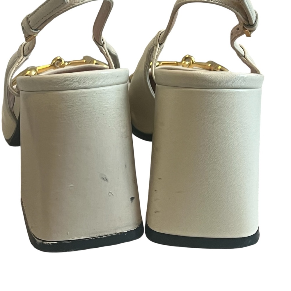 Gucci Cream Slingback Heel Shoes with Gold Horsebit Accents - Picture 3 of 7